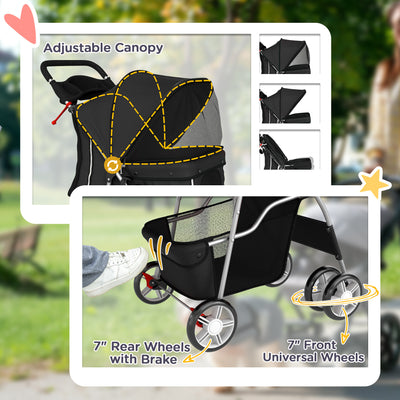 PawHut Dog Pram, Pet Stroller with Reflective Strips, Foldable Cat Stroller with 360° Swivel Wheels, Black 