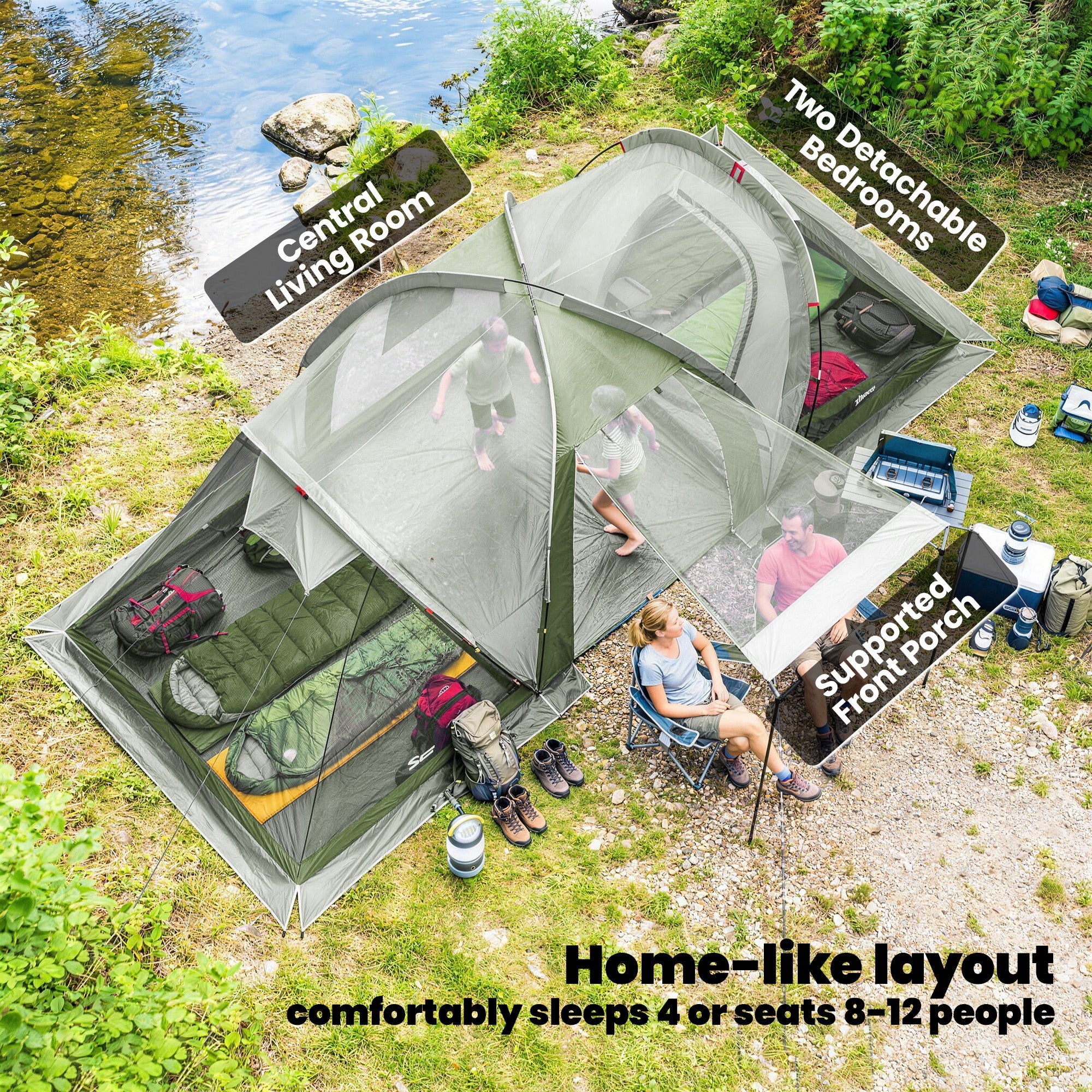 Outsunny Family Camping Tent 3000mm Waterproof Windproof Tunnel Tent 8-12 Person Two Bedrooms Green 