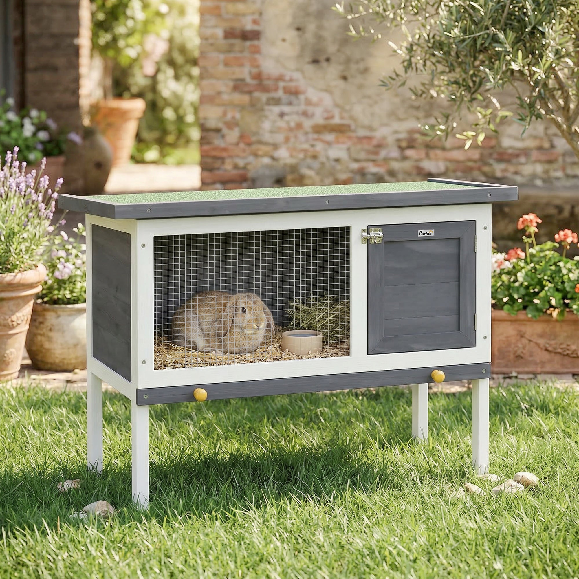 PawHut Wooden Rabbit Hutch, Guinea Pig Hutch with Asphalt Roof, Outdoor Elevated Bunny House for Rabbits, Chinchillas 