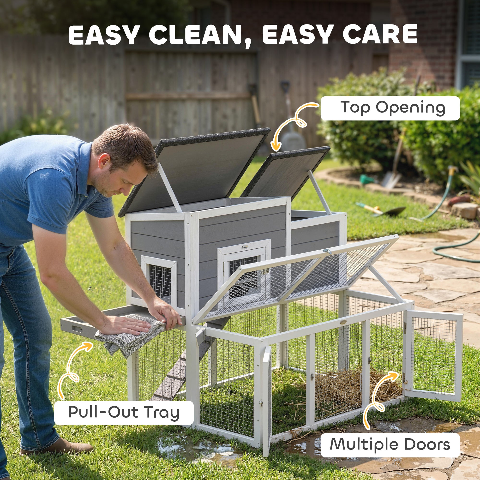 PawHut Wooden Rabbit Hutch, Indoor Outdoor Bunny Cage with Waterproof & Openable Roof, Pull Out Tray and Ramp, Guinea Pig Hutch 
