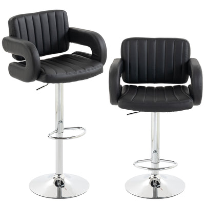 HOMCOM Bar Stools Adjustable Swivel Kitchen Chairs with Backrest Armrest Set of 2 PU Leather Black 