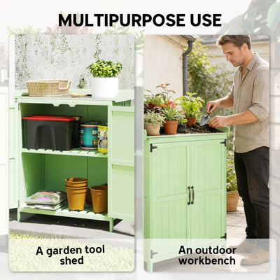 Outsunny Wooden Garden Shed, Garden Tool Storage Shed with Hinged Roof and Shelf, Outdoor Storage Cabinet with Double Doors, Light Green 
