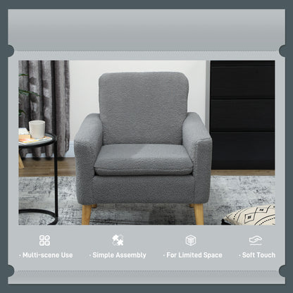 HOMCOM Armchair, Upholstered Accent Chair with Wood Legs and Wide Padded Seat, Teddy Occasional Chair, Grey