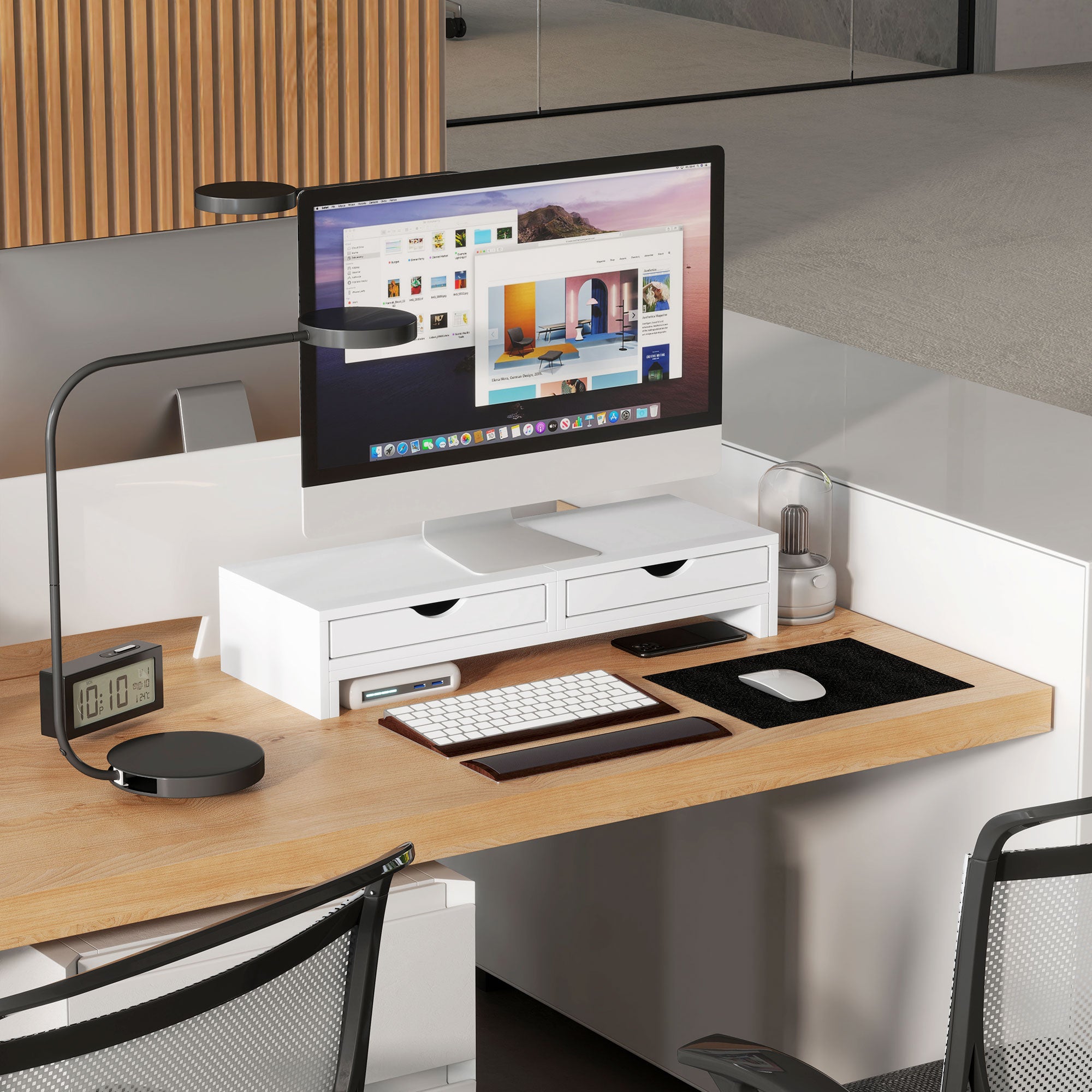 HOMCOM Dual Monitor Stand Riser with 2 Drawers, Adjustable Length and Angle, 116cm Monitor Riser for Laptop, Computer, PC, Small Printer, White 