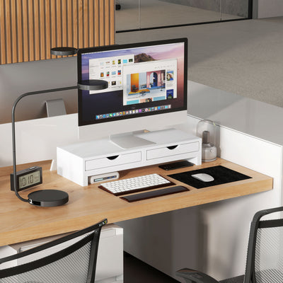 HOMCOM Dual Monitor Stand Riser with 2 Drawers, Adjustable Length and Angle, 116cm Monitor Riser for Laptop, Computer, PC, Small Printer, White 