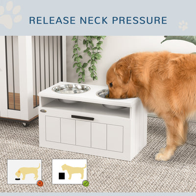 PawHut Raised Dog Bowl with Slow Feeder & 2 Stainless Steel Dog Bowl, 25L Storage Drawer, for Large & Extra Large Dogs, White 