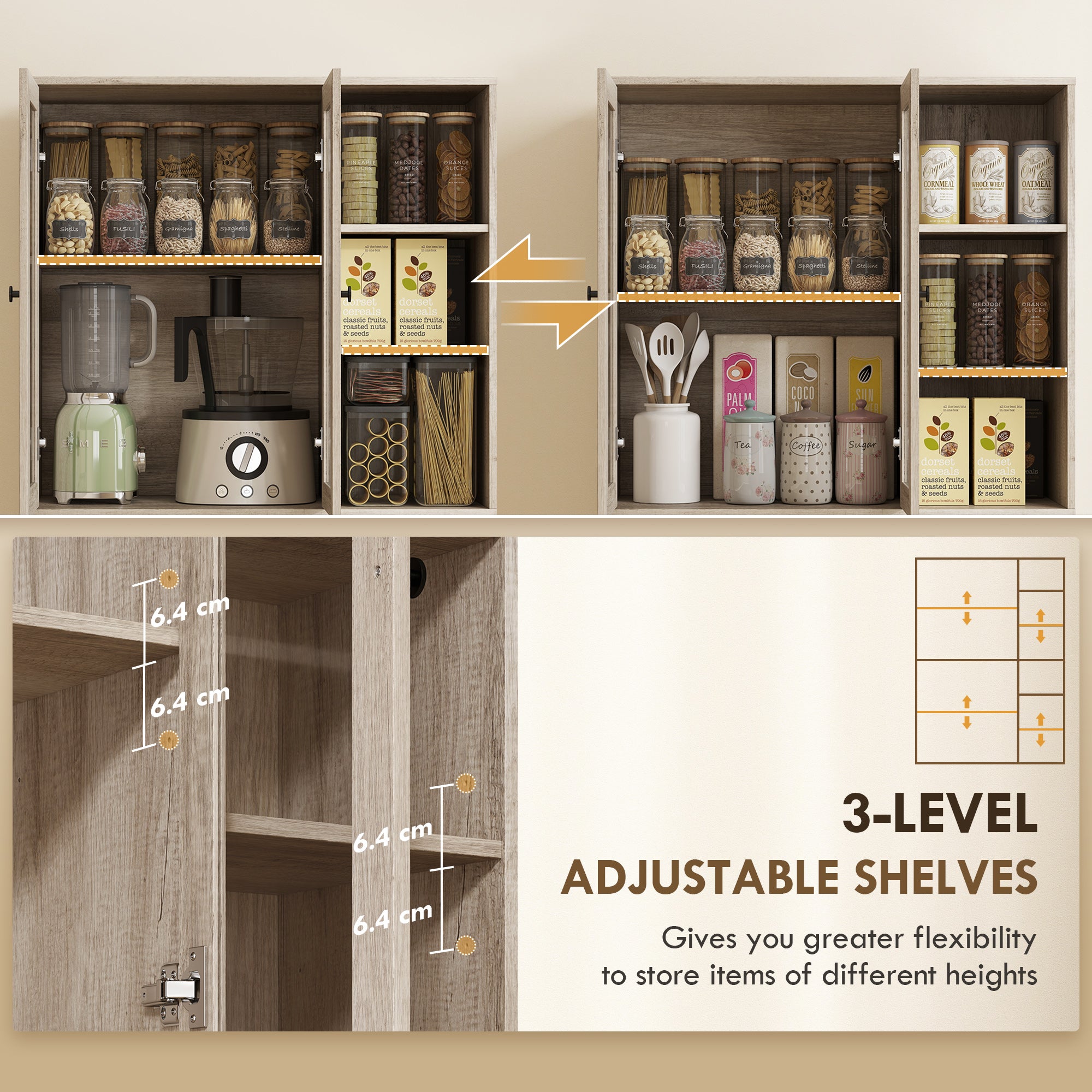 HOMCOM Multi-Storage Kitchen Cabinet, with Glass Doors - Grey Wood-Effect 