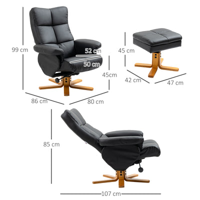 HOMCOM Recliner Armchair, Swivel Reclining Chair With Ottoman, Swivel Faux Leather Chair with Wooden Base and Storage Footstool for Living Room, Black 