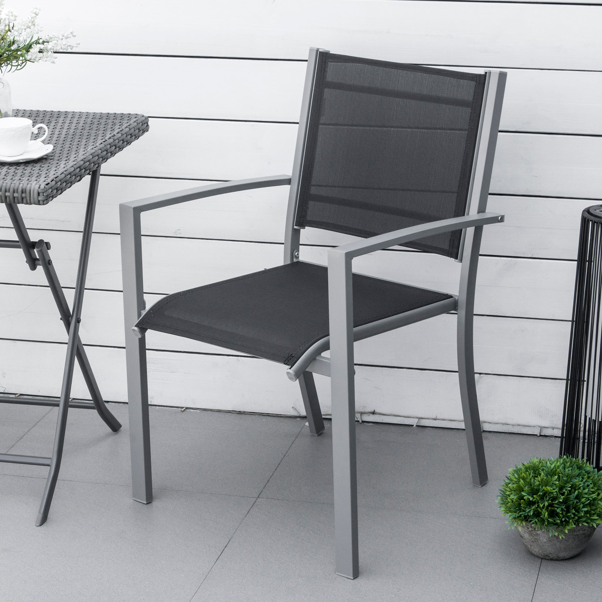 Outsunny Garden Chairs Set Of 2 Outdoor Chairs with Steel Frame Texteline Seats for Dining Patio Balcony Grey and Black