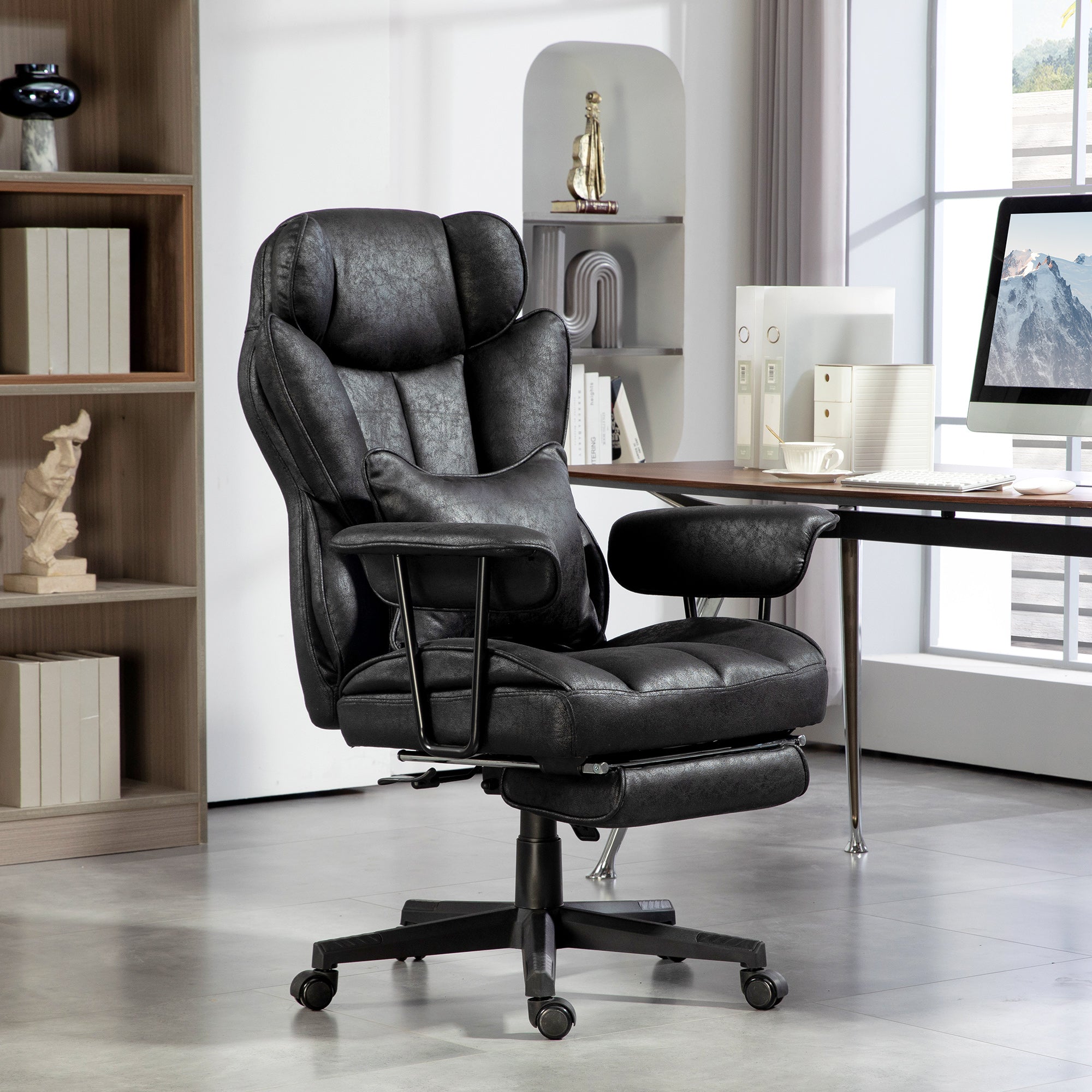 HOMCOM Office Chair with 6 Point Massage and Heat, Ergonomic Desk Chair with Foot Rest, Lumbar Support, Reclining Function and Wide Seat, Height-Adjustable High Back Swivel Rolling for Home, Black