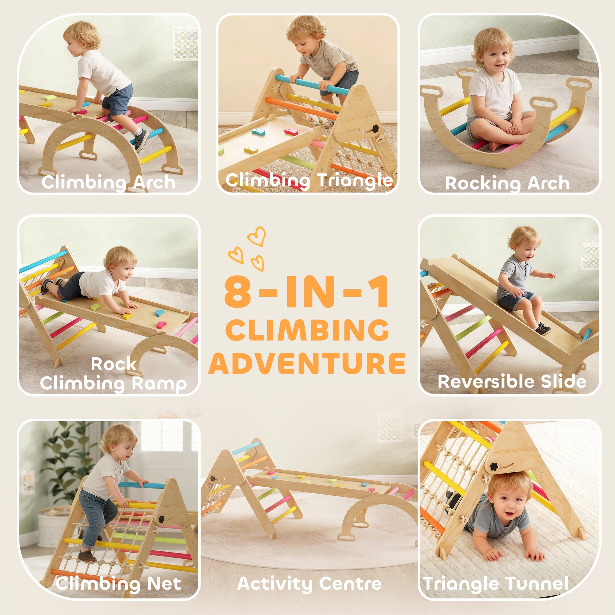 AIYAPLAY 8-in-1 Toddler Climbing Frame, Indoor Play Triangle Set with Slide, Arch and Triangle Ladder, Multicolour 