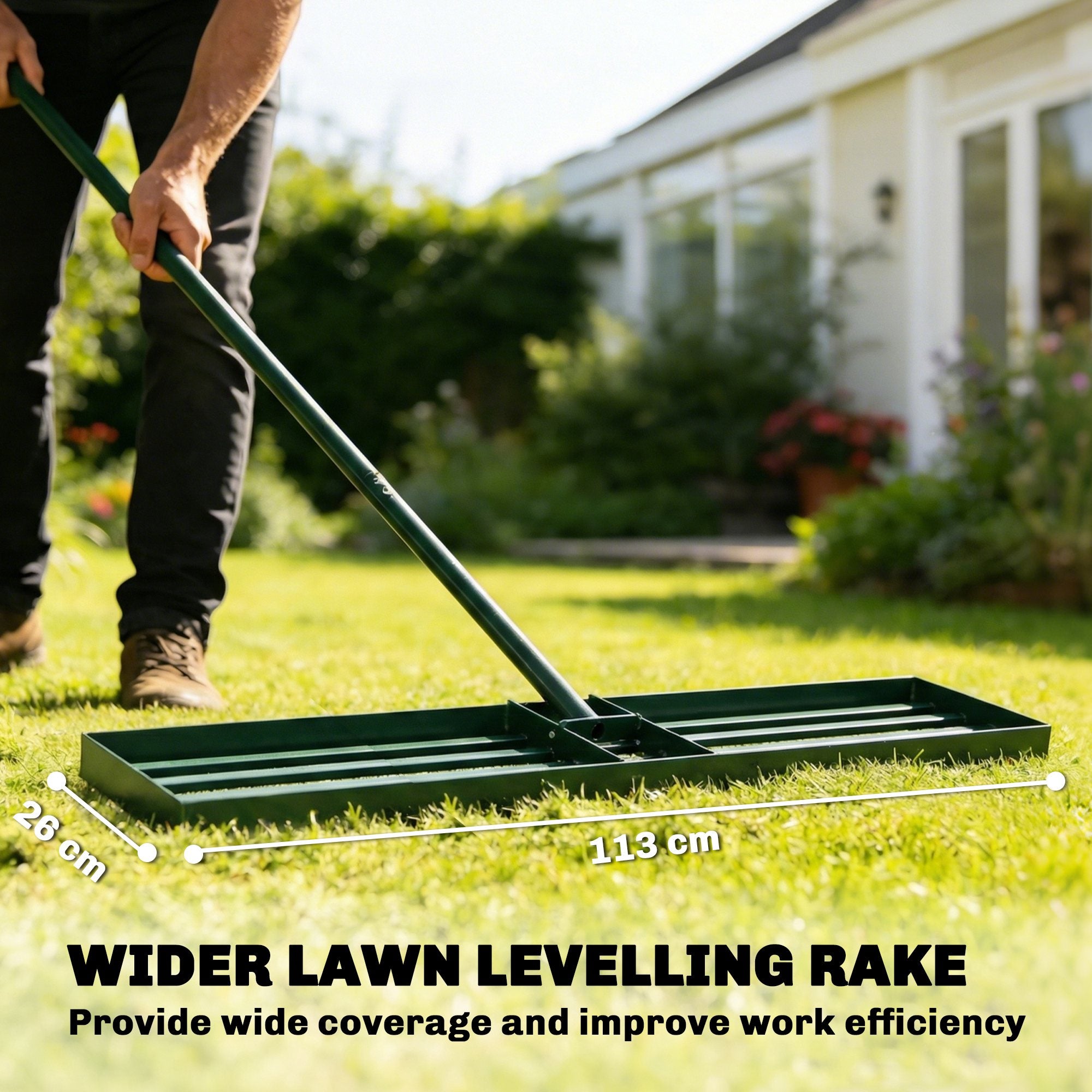 Outsunny Lawn Levelling Rake, 113 x 26 cm Lawn Leveller Lute with 169 cm Handle for Grass Soil Sand Yard Golf Course 