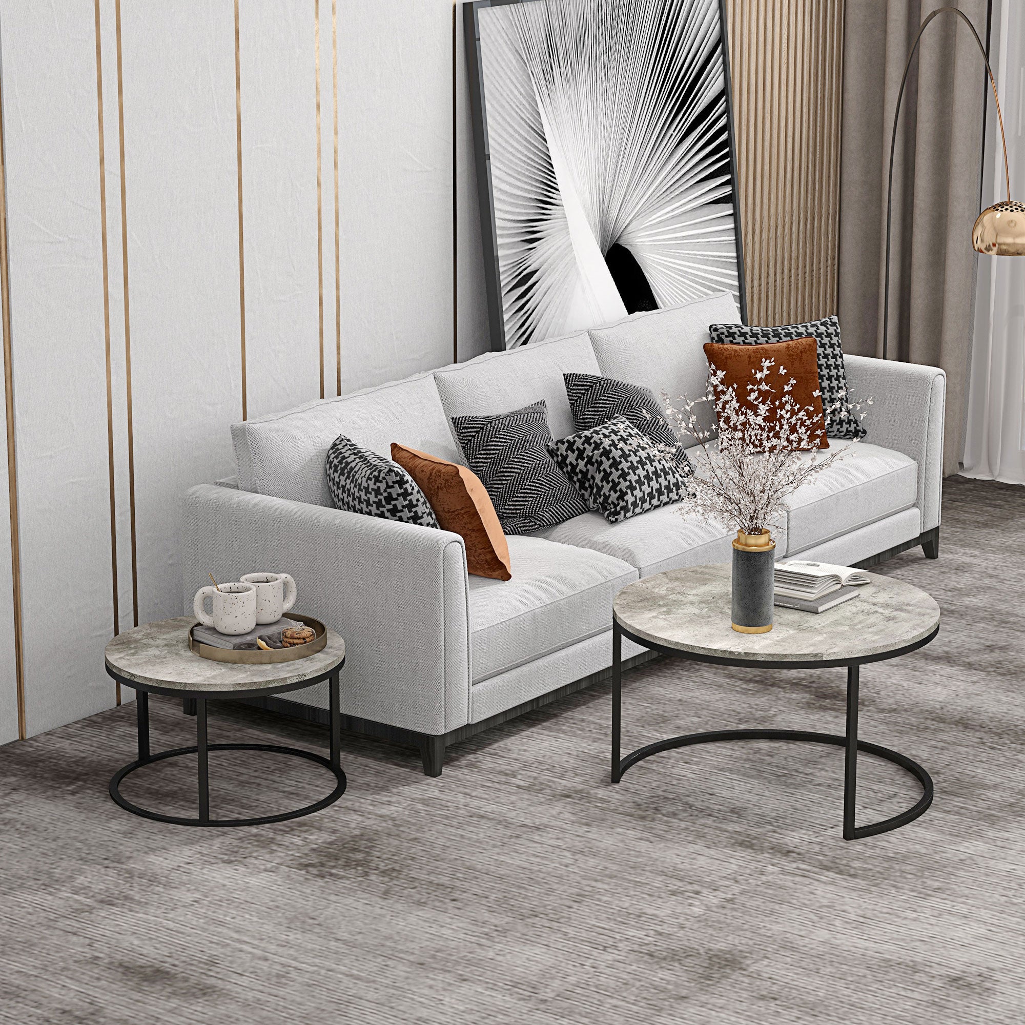 HOMCOM Set of Two Marble-Effect Stacking Tables - Grey/Black 