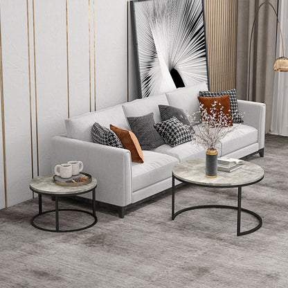 HOMCOM Set of Two Marble-Effect Stacking Tables - Grey/Black 