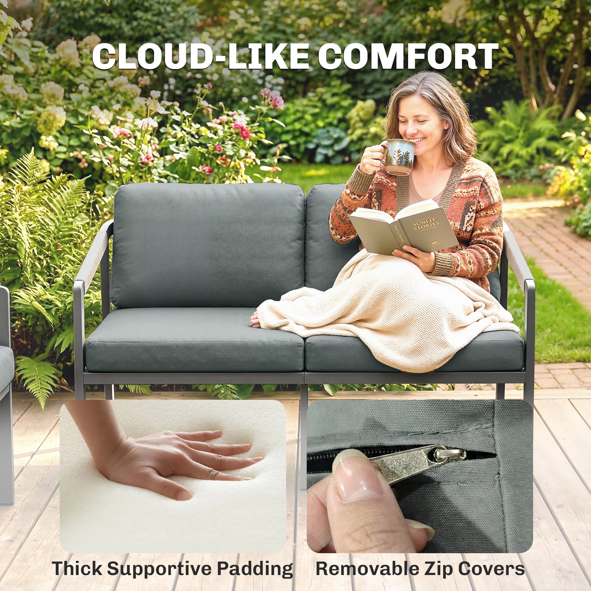 Outsunny Aluminium Garden Furniture Set, 4 Seater Outdoor Patio Furniture with Loveseat, 2 Armchairs, Slatted Table 