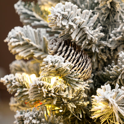 HOMCOM 60 cm Prelit Small Christmas Tree with 35 LED Lights, Snow Flocked Tabletop Mini Xmas Tree with 72 Dense Branches, Pine Cones, Berry Clusters and Linen Cover Base, Battery Operated, Green 