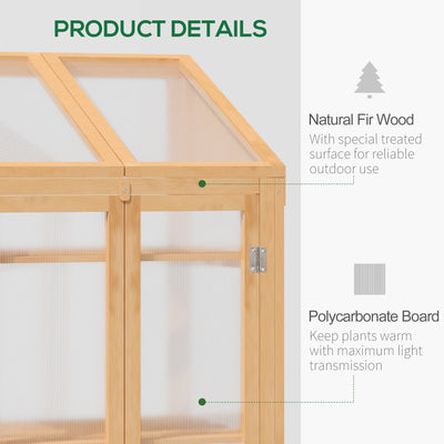 Outsunny Wooden Cold Frame Polycarbonate Greenhouse with Openable Top Cover and Double Door, Grow House for Flower, Vegetable and Plants, 70 x 50 x 120cm, Grey 