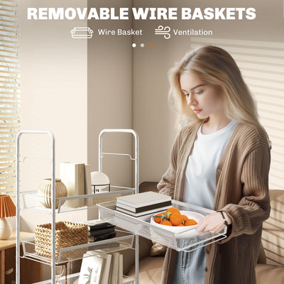 HOMCOM Five-Steel Mesh Basket Storage Trolley, with Wheels - White 