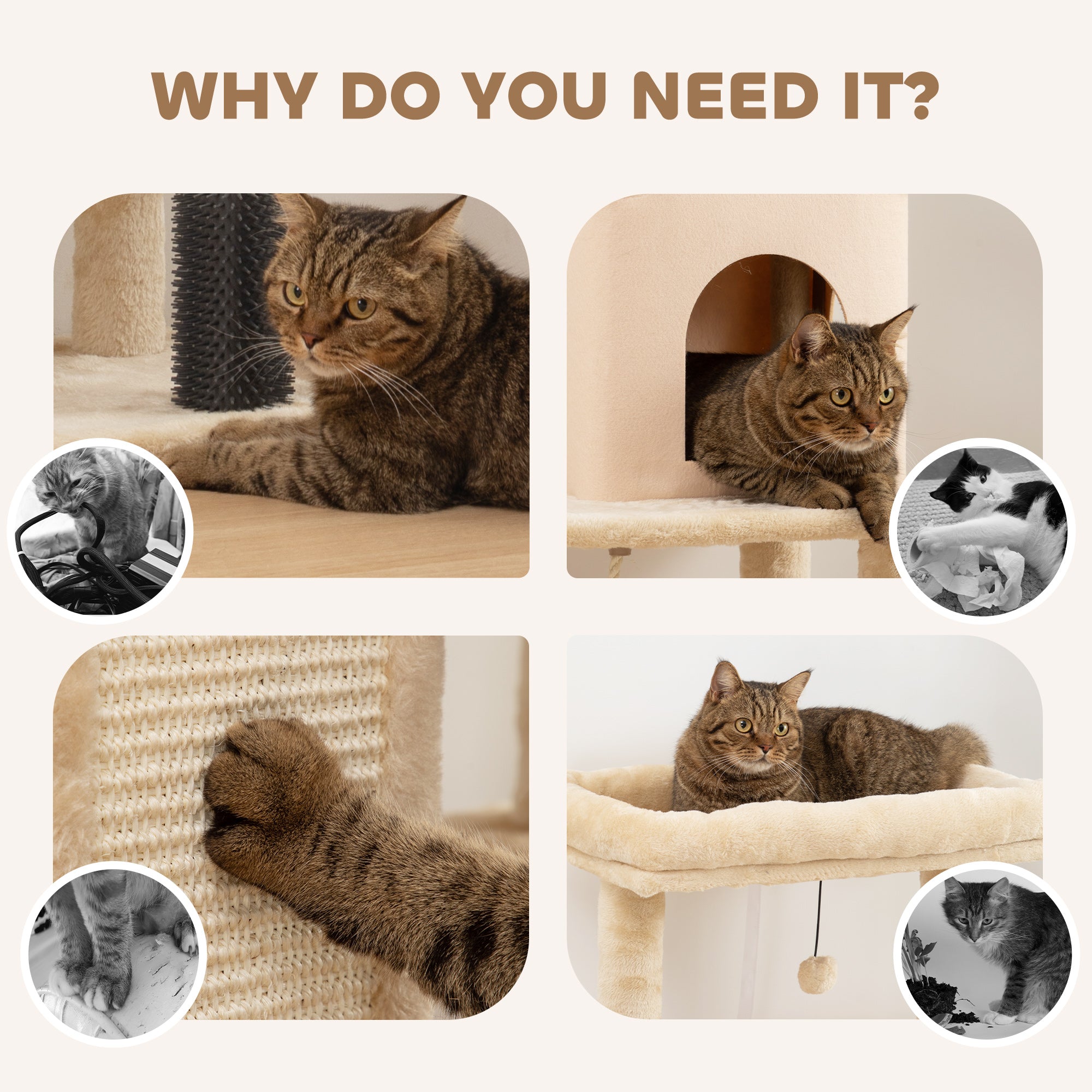 PawHut 132cm Cat Tree w/ Scratching Posts, Pad, Cat Bed, Cat House, Jumping Platform, Grooming Brush, Anti-Tip Kit, Beige 