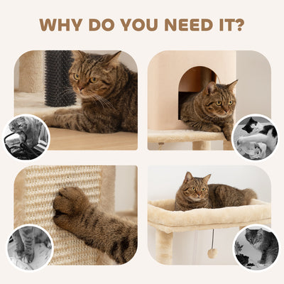 PawHut 132cm Cat Tree w/ Scratching Posts, Pad, Cat Bed, Cat House, Jumping Platform, Grooming Brush, Anti-Tip Kit, Beige 