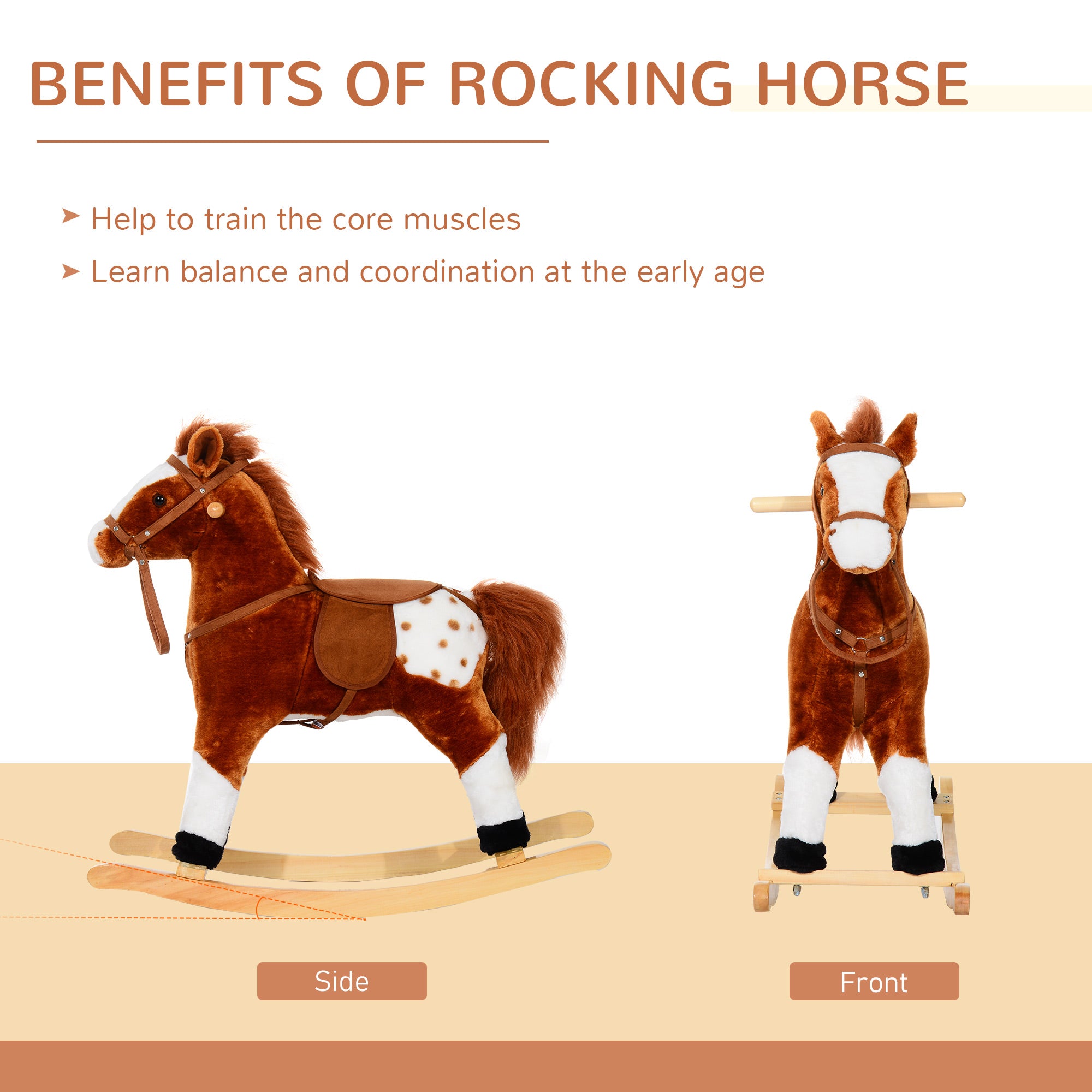 HOMCOM Baby Rocking Horse Plush Ride on Animals Rocker with Sound Handle Grip for kids 3-6 years - Brown 
