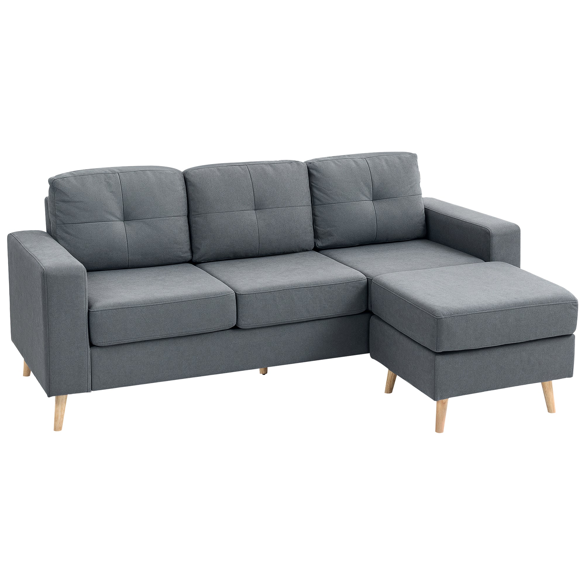 HOMCOM 3 Seater Sofa with Footstool, Fabric L-Shaped Sofa, Sectional Couch with Wood Legs, Tufting Cushioned Back for Small Space, Living Room, Office, Dark Grey 