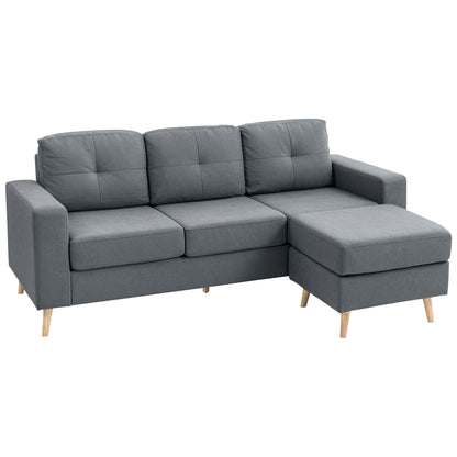 HOMCOM 3 Seater Sofa with Footstool, Fabric L-Shaped Sofa, Sectional Couch with Wood Legs, Tufting Cushioned Back for Small Space, Living Room, Office, Dark Grey 