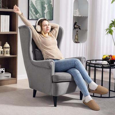 HOMCOM Modern Accent Chair, Upholstered Wingback Armchair with High Backrest and Pillow, Velvet-Feel Fabric Reading Chair with Solid Wood Legs for Living Room, Bedroom, Home Office, Dark Grey 