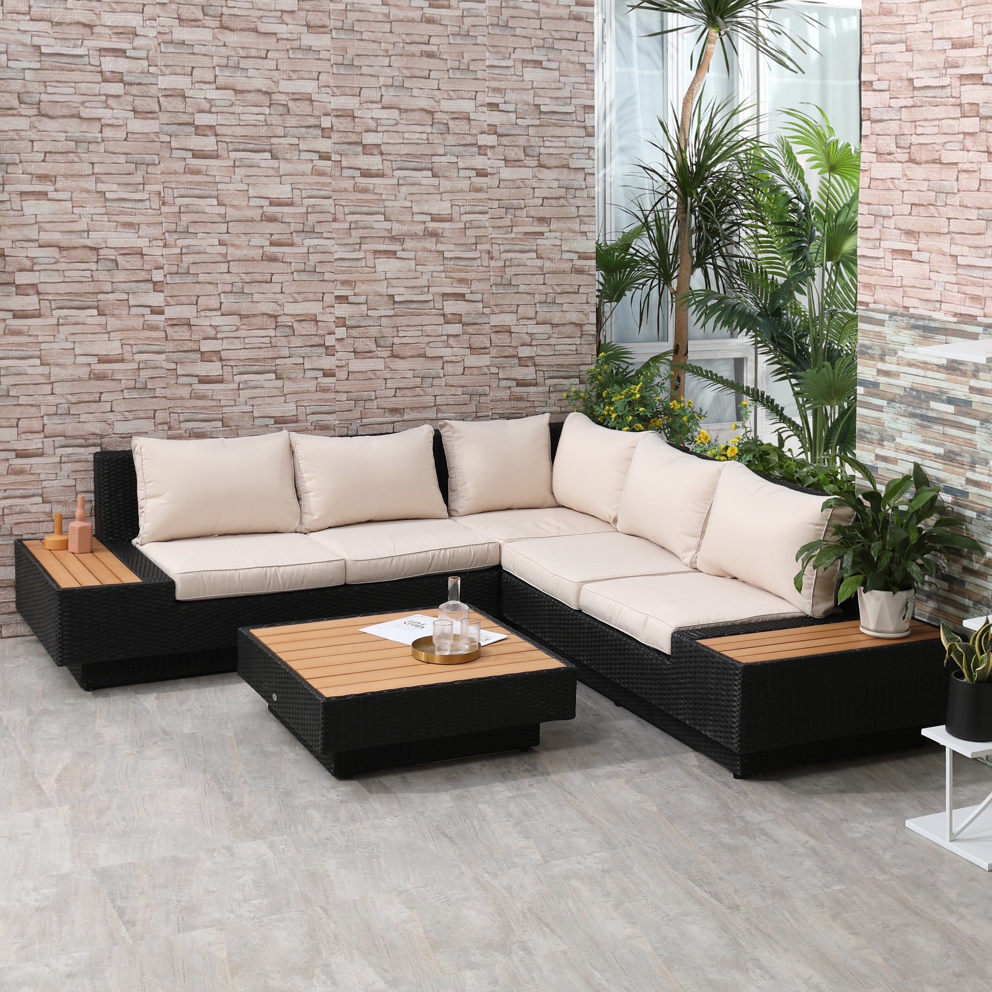 Outsunny 4 PCs Rattan Garden Furniture Outdoor Sectional Corner Sofa and Coffee Table Set  Conservatory Wicker Weave Furniture with Armrest and Cushions - Black 
