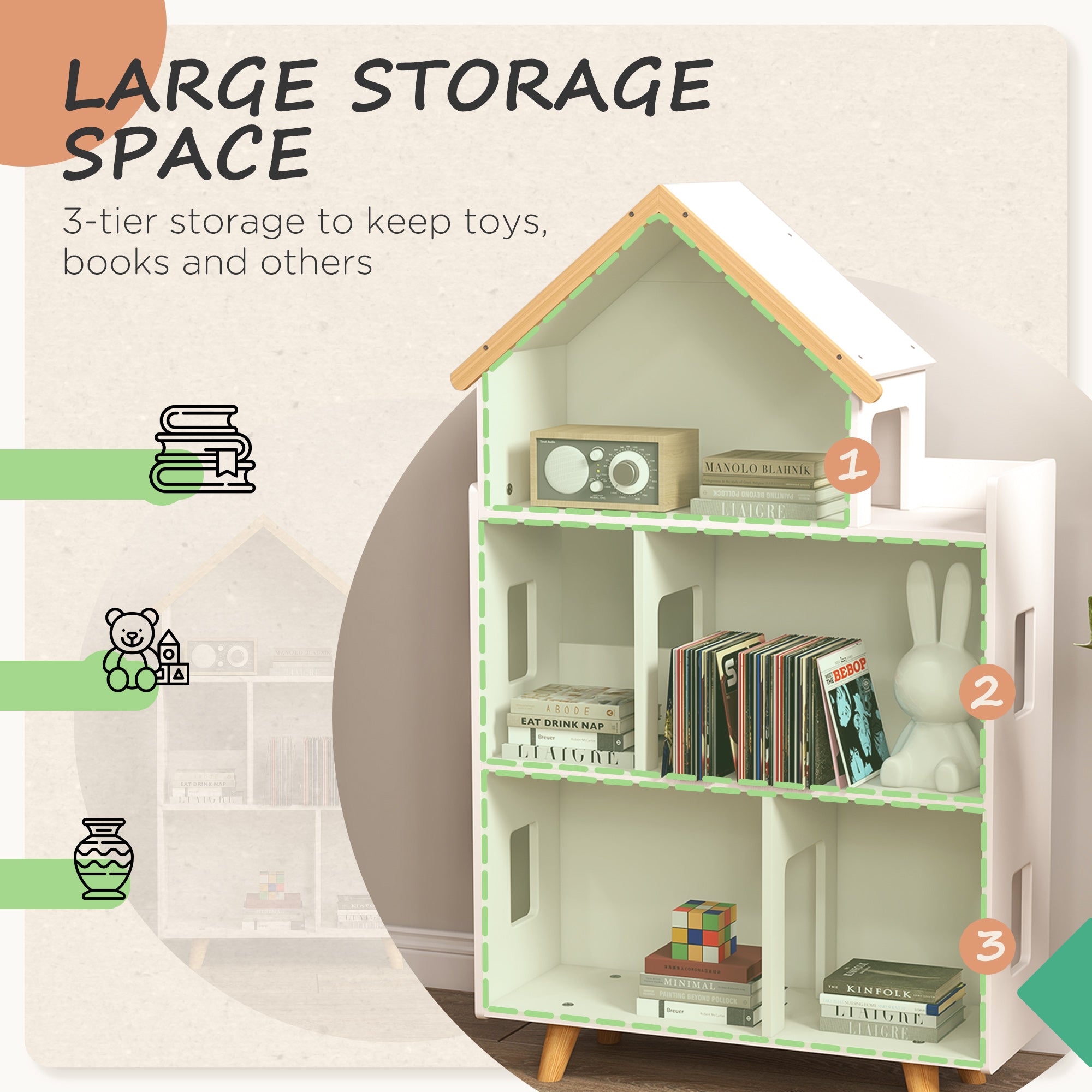 ZONEKIZ Three-Tier Toy Storage Shelf, Kids Bookcase, with Six Cubes, for Playroom, Bedroom - White 