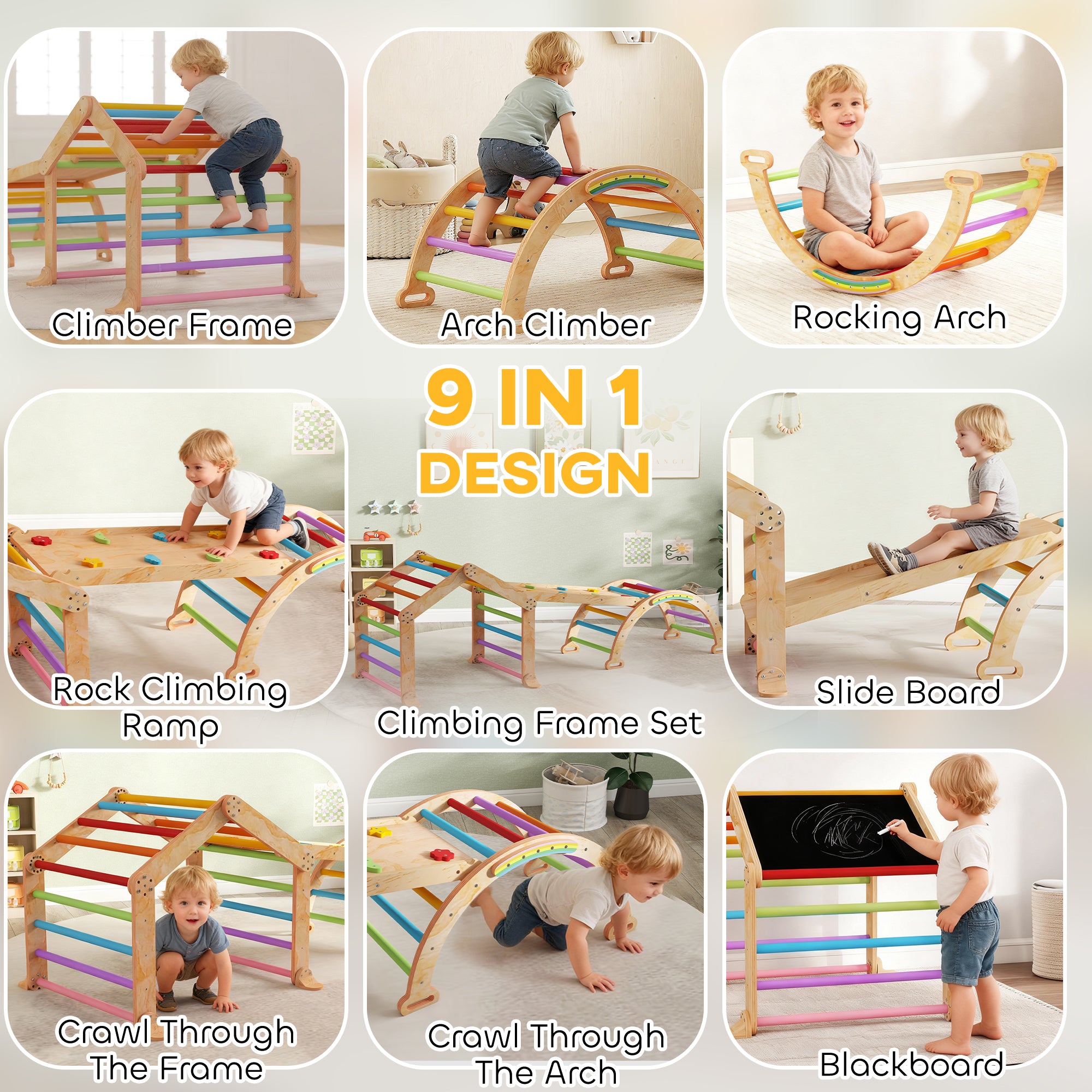 AIYAPLAY 9 in 1 Toddler Climbing Frame with Ramp, Slide, Arch, Ladder, Blackboard for 18-48 Months 