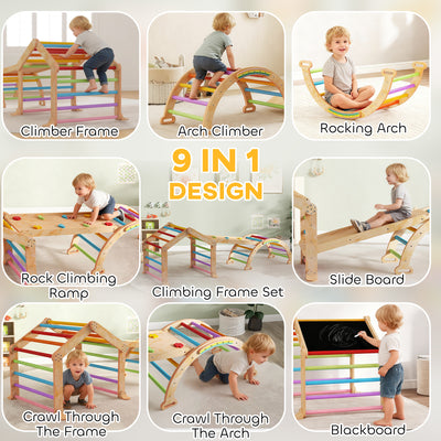 AIYAPLAY 9 in 1 Toddler Climbing Frame with Ramp, Slide, Arch, Ladder, Blackboard for 18-48 Months 