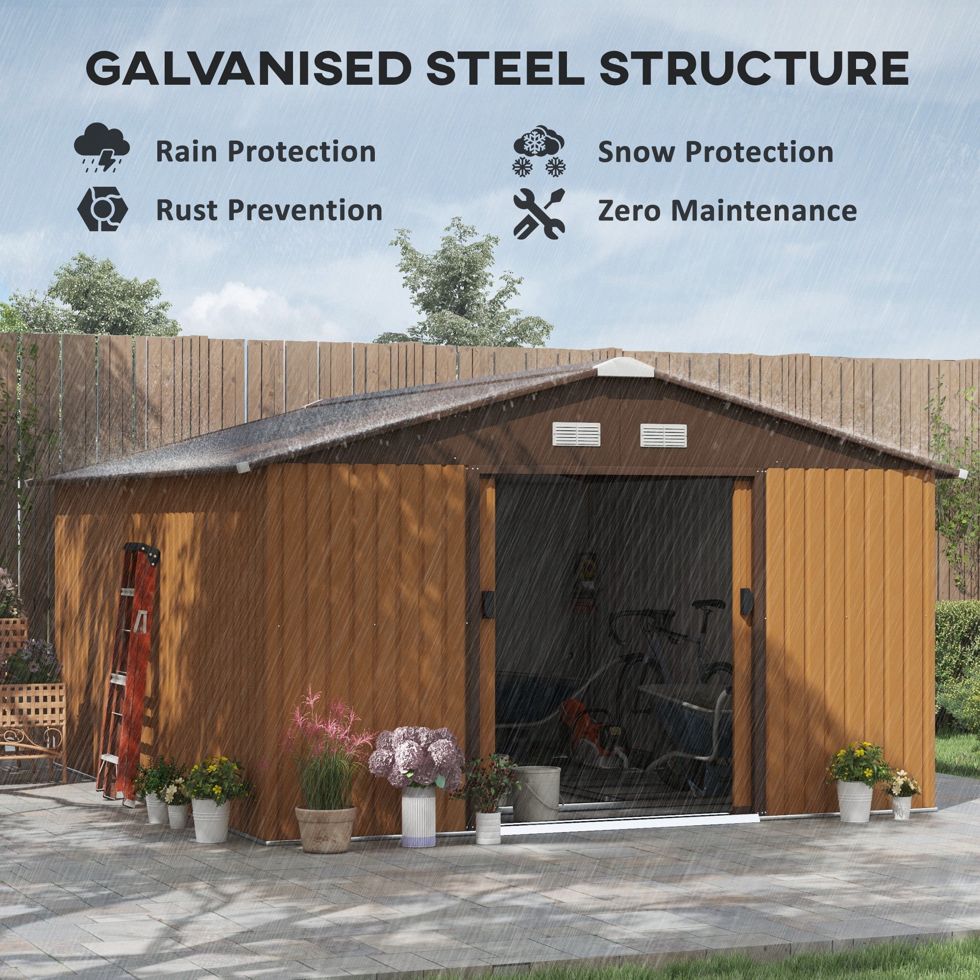 Outsunny 13 x 11ft Metal Garden Shed, Outdoor Storage Tool House with Ventilation Slots, Foundation Kit and Lockable Double Doors, Light Brown 
