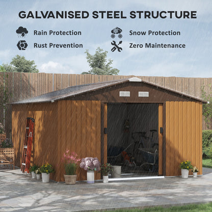 Outsunny 13 x 11ft Metal Garden Shed, Outdoor Storage Tool House with Ventilation Slots, Foundation Kit and Lockable Double Doors, Light Brown 