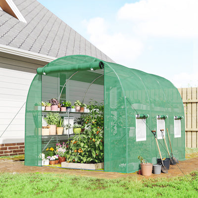 Outsunny Walk-in Greenhouse with Shelves, Polytunnel Greenhouse with Roll-Up Door, 6 Mesh Windows,198 x 275 x 191 cm, Green 
