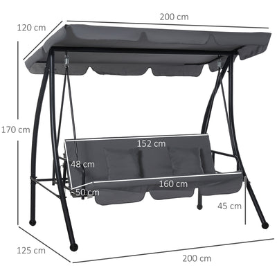 Outsunny Outdoor 2-in-1 Swing Chair Lounger 3 Seater Garden Swing Seat Bed Convertible Tilt Canopy W/ Cushion, Dark Grey 