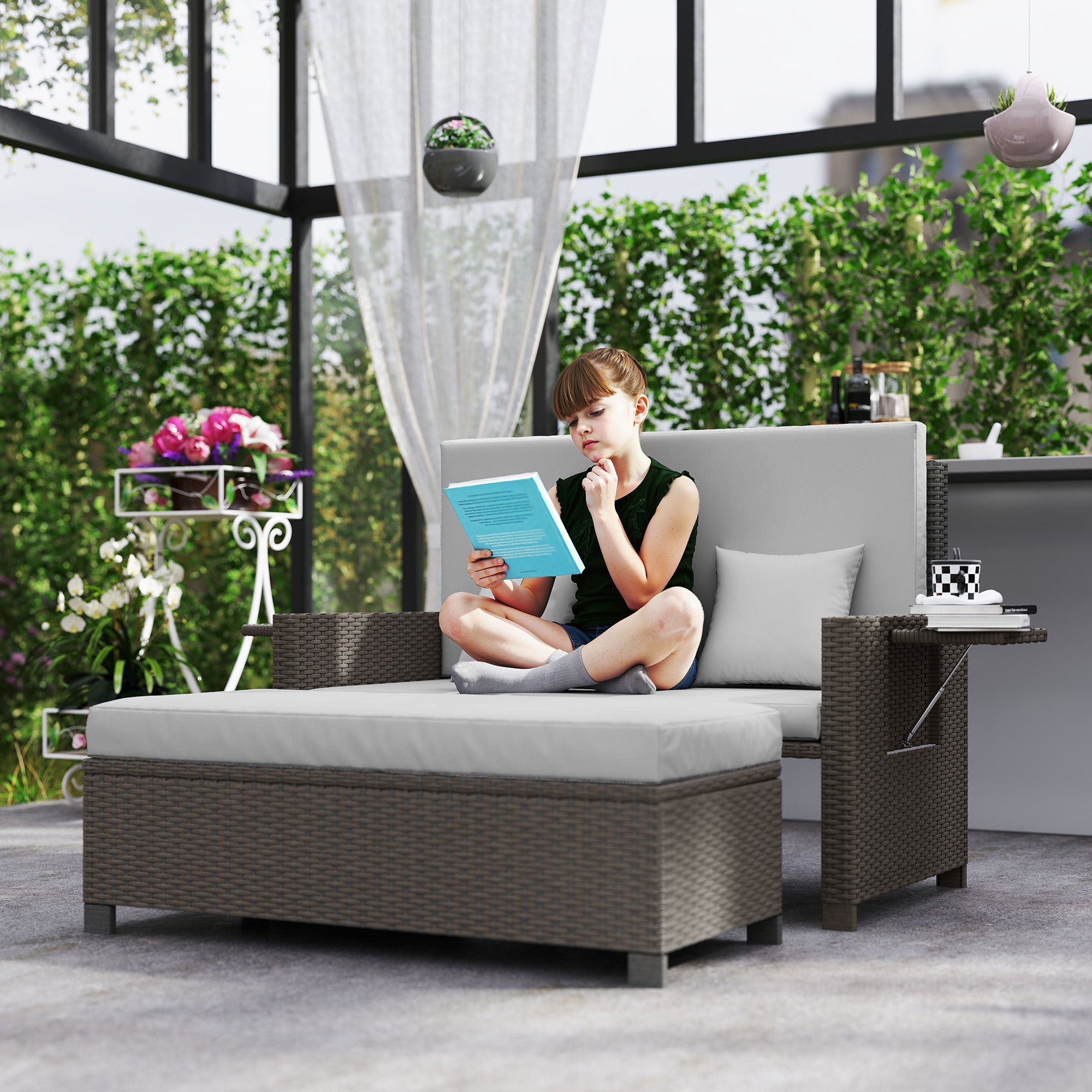 Outsunny Rattan Day Bed, with Footstool - Light Grey 