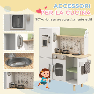 AIYAPLAY Toy Kitchen, Kids Play Kitchen, Role Playing Game with Phone, Ice Maker, Stove, Utensils, for 3-6 Years, White 