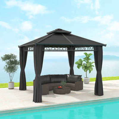Outsunny 3 x 3 (m) Outdoor Polycarbonate Gazebo, Double\'c2\'a0Roof Hard Top Gazebo with\'c2\'a0Galvanised Steel Frame, Nettings\'c2\'a0&\'c2\'a0Curtains for Garden, Lawn, Patio and Deck, Dark Grey 