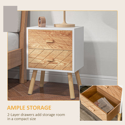 HOMCOM 2 Drawers Bedside Table with Pine Legs, Bedroom Wooden Storage Cabinet, Set of 2, Natural 