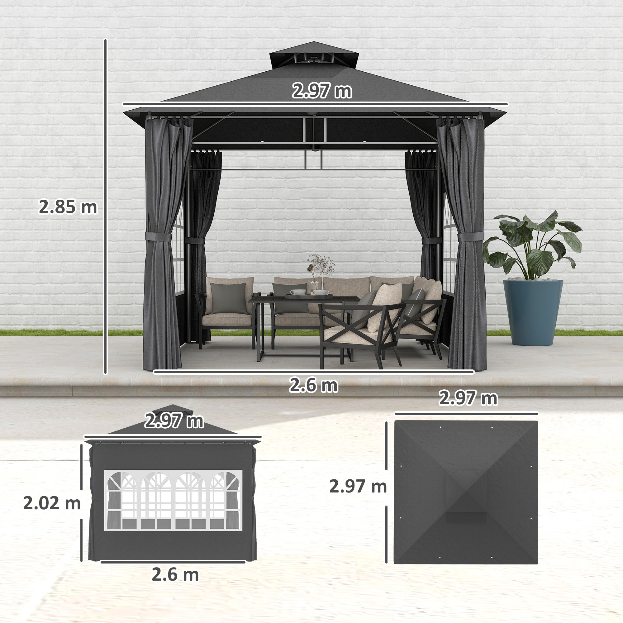 Outsunny 3 x 3 m Garden Gazebo, Double Roof Metal Gazebo with Removable Sidewalls and Church Windows, Outdoor Canopy Shelter, Dark Grey 