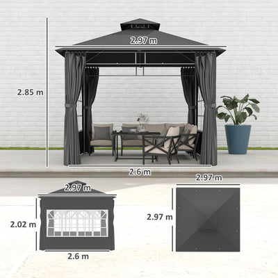 Outsunny 3 x 3 m Garden Gazebo, Double Roof Metal Gazebo with Removable Sidewalls and Church Windows, Outdoor Canopy Shelter, Dark Grey 