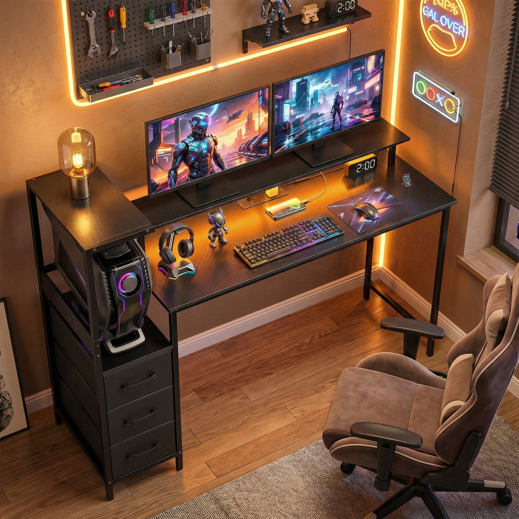 HOMCOM 147cm Gaming Desk with Charging Station and Monitor Stand, Computer Table for Home Office with RGB Lights, Black 