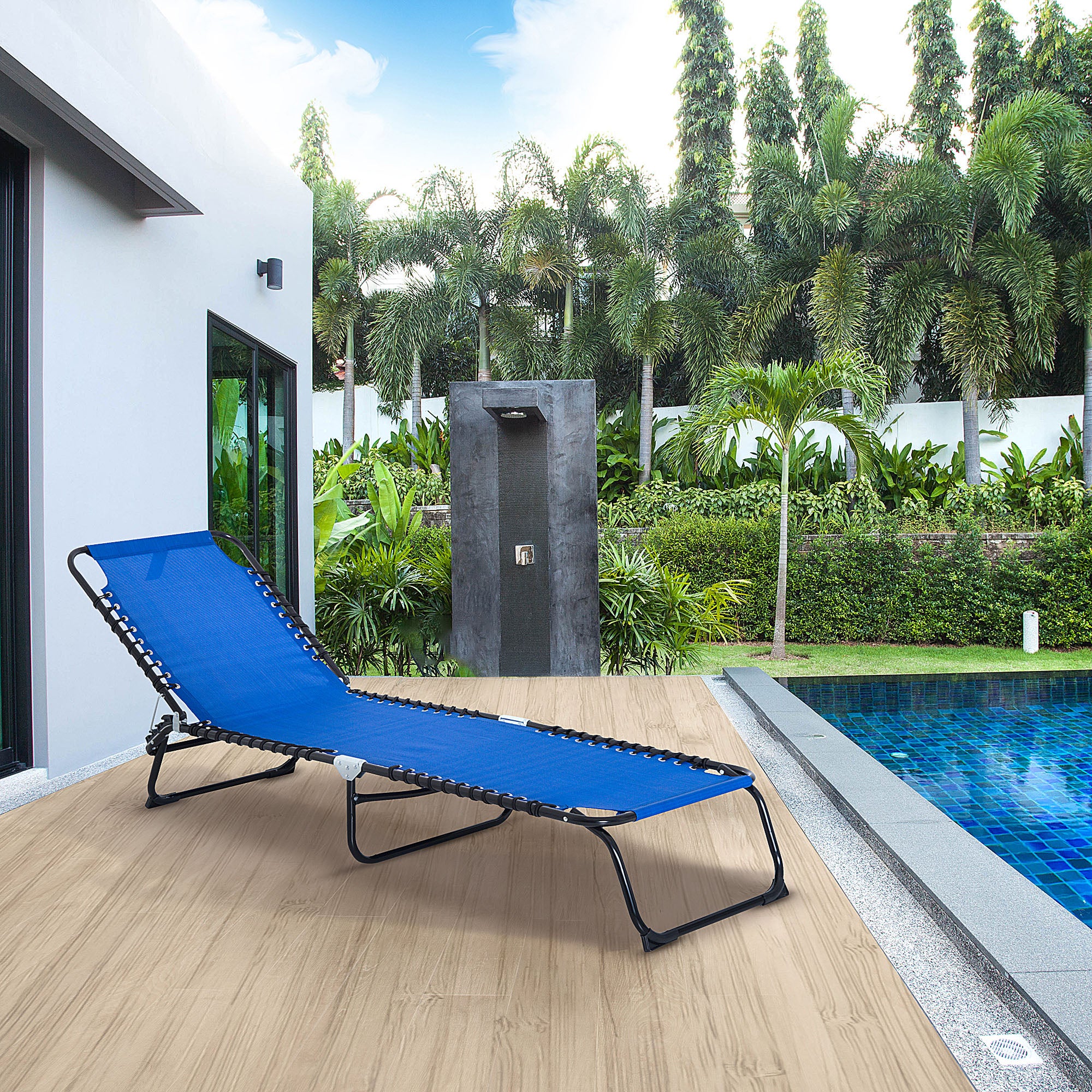 Outsunny Foldable Sun Lounger, Outdoor 4 Level Adjustable Backrest Reclining Chaise Chair, Steel Frame Recliner Chair for Camping, Hiking, Navy Blue 