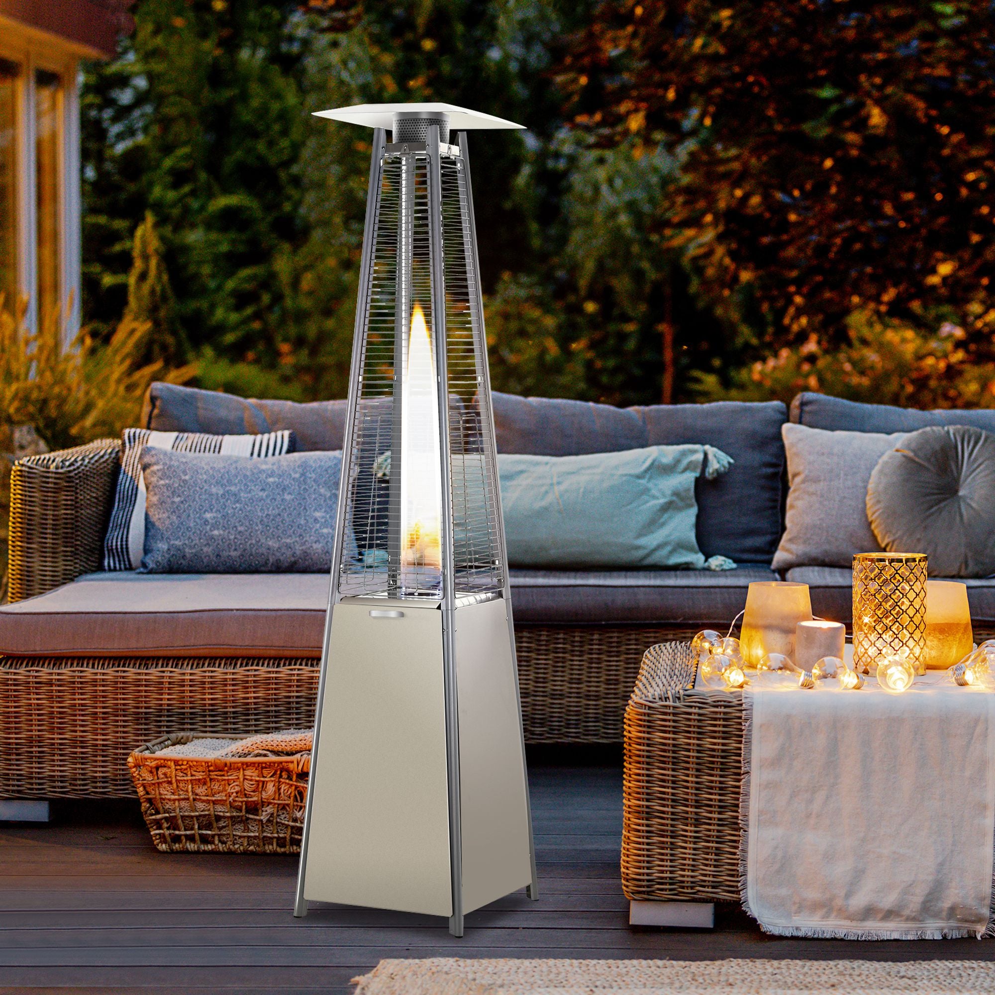 Outsunny Stainless Steel Outdoor Garden Pyramid Patio Heater with Wheels and Rain Cover - Silver 