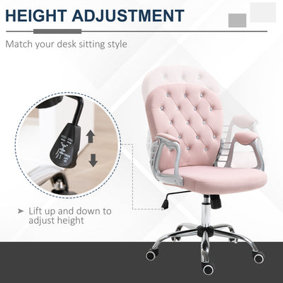 Vinsetto Office Chair, Swivel Desk Chair, Velvet Vanity Chair with Adjustable Height and Rolling Wheels for Home Work Study, Pink 