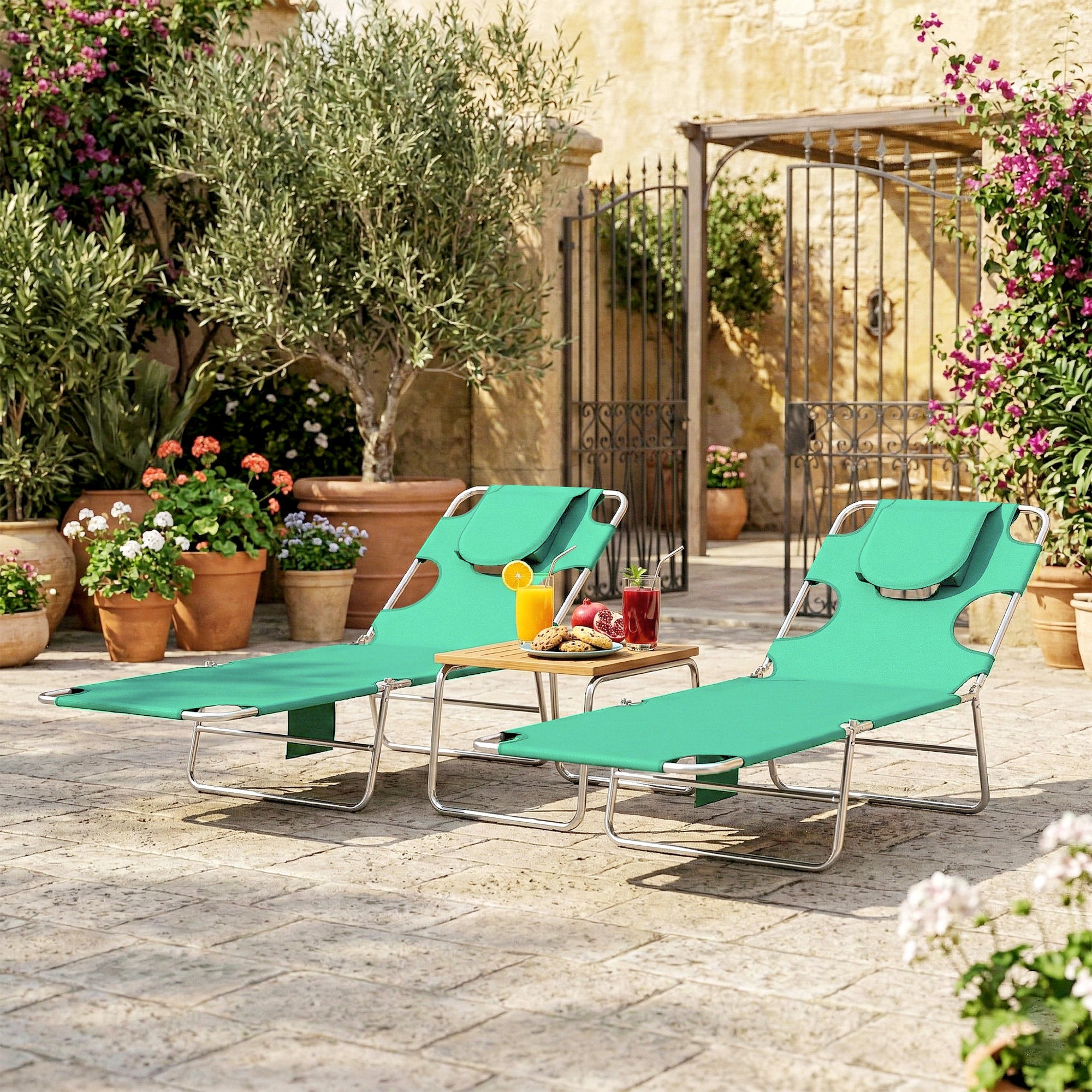 Outsunny 5-Position Adjustable Sun Loungers Set of 2 with Reading Hole and Side Pocket, Green 