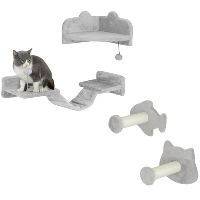 PawHut 4-Piece Cat Wall Shelves with Steps, Ladder, Jumping Platforms, Light Grey 