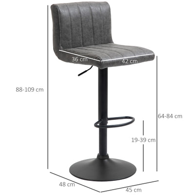 HOMCOM Adjustable Barstools Set of 2, Swivel Counter Bar Chairs, Bar Stools with Footrest, PU Leather, Gas Lift, Grey 