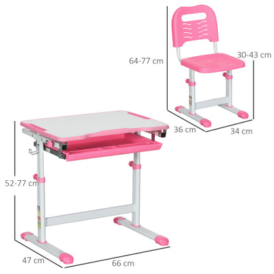 HOMCOM Kids Desk and Chair Set, Student Adjustable Writing Desk, with Drawer, Pen Slot, Hook - Pink 